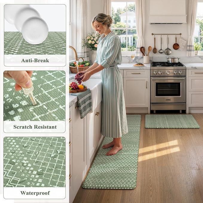 KIMODE Anti Fatigue Kitchen Mats for Floor, Boho Kitchen Rugs Sets of 2, Cushioned Kitchen Floor Mats, Comfort Standing Mat for Sink Laundry Office Desk Green 17"x59"+17"x29"