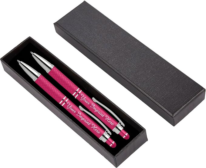 Custom Engraved Personalized Pen Gift Set - 2 Pack of Soft Touch Metal Ballpoint Pens with Gripper & Gift Box - Luxury Customized Pens with Name (Pink)