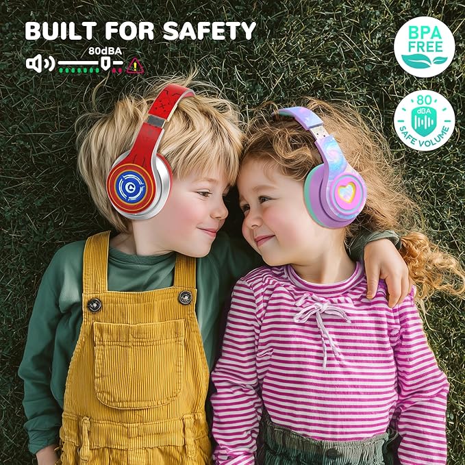 iClever Auraa Active Noise Cancelling Headphones for Kids, LED Light Up, Bluetooth 6.0, Type C Fast Charging, Safe Volume 80dBA, 47H Play Time, Kids Headphones Wireless for Travel iPad Tablet, Sliver