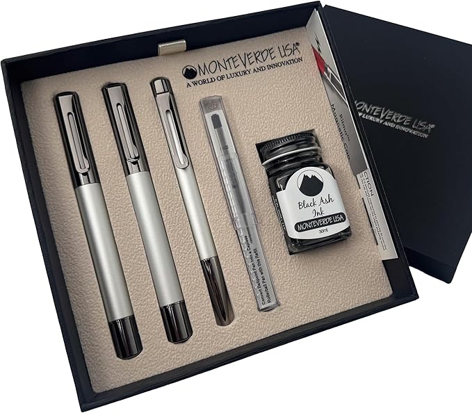 Monteverde Ritma 3+2 Piece Gift Set, Silver - Includes Flex Nib Fountain Pen, Rollerball, Ballpoint, 30ml Ink & Refill - Ideal for Creative Writers & Collectors