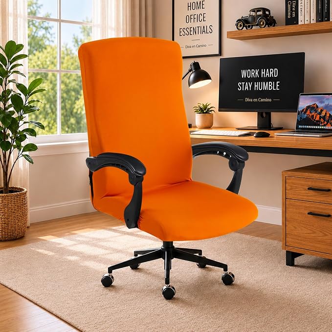 Stretch Computer Office Chair Cover with Durable Zipper - Universal Washable Removable Spandex Rotating Boss Chair Slipcovers - Anti-dust Soft Desk Chair Seat Protector for Dogs, Cats, Pets (Orange)