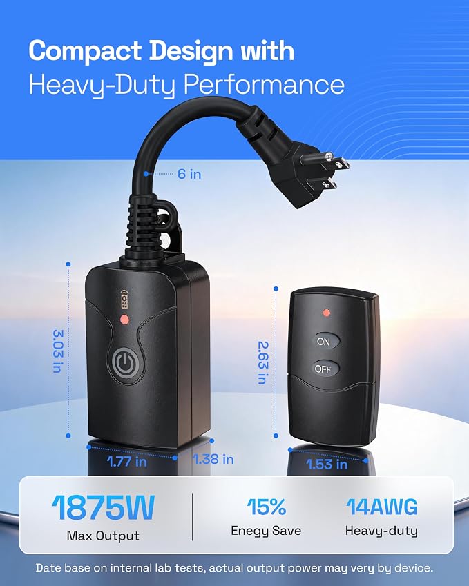 HBN Outdoor Indoor Wireless Remote Control 3-Prong Outlet Weatherproof Heavy Duty 15 A Compact 1 Remote 3 Outlets with Remote 6-inch Cord 100ft Range ETL Listed (Battery Included)