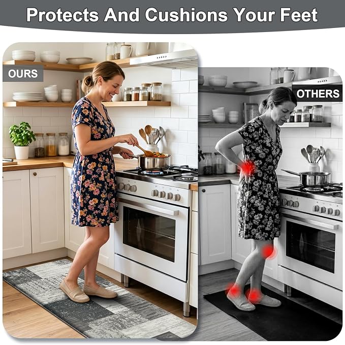 LOKHOM Anti Fatigue Kitchen Mats for Floor, 24x59 Non Slip Modern Cushioned Standing Comfort Kitchen Runner Rug, Waterproof Geometric Patchwork Memory Foam Padded for Sink Laundry Office, Grey