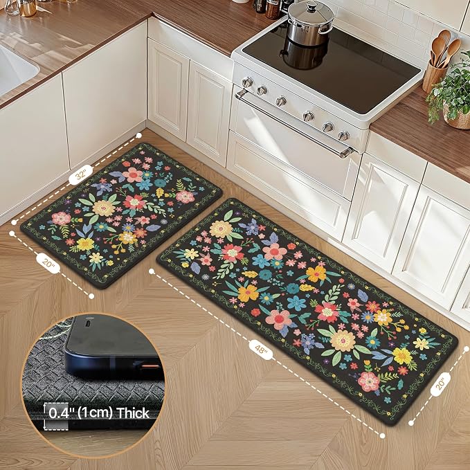 GENIMO Anti Fatigue Kitchen Mats for Floor 2PCS, Cushioned Standing Mats | 20"x32"&20"x48", Black vintage floral rug set, waterproof, non slip, easy-clean for farmhouse
