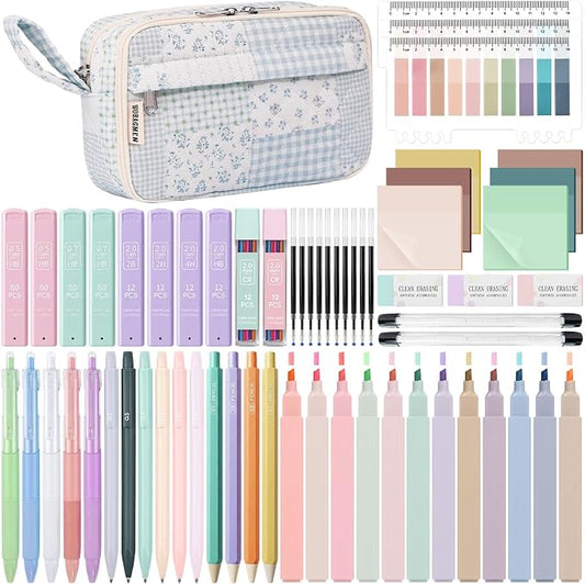 WOBAGMEN 62PCS Aesthetic School Supplies with Quilted Pencil Case, Pastel Highlighters, Gel Pens Mechanical Pencils Set, Cute Back to School Supplies, College Essentials (Green Blue Patchwork, M)