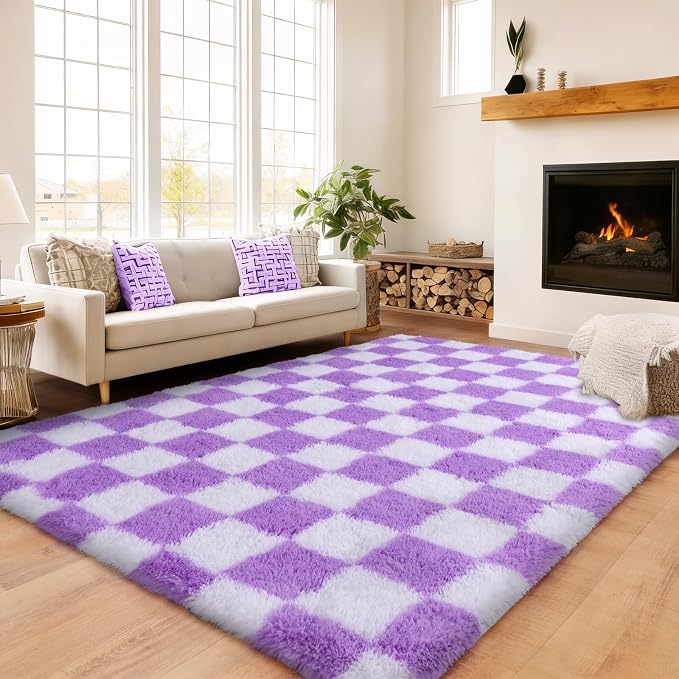 Checkered Rug for Bedroom 5x7, Ultra Fluffy Shag Area Rugs for Living Room, Anti-Skid Indoor High Pile Soft Rug Carpet for Living Room Bedroom Kids Room Nursery, Dorm Home Decor, White and Purple