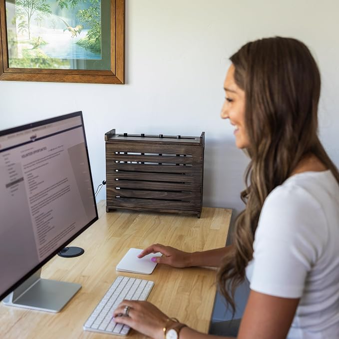 WiFi Router Storage Cabinet Router Box Hider WiFi Box Hider Shelf Cover | Standard • Pine Wood • Espresso Brown Finish • Seamless Side Panel • Fits Routers Up To 11" • Wall Mount Or Desktop Placement