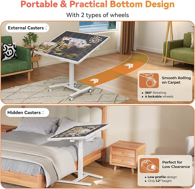 JYLH JOYSEEKR 1500 Pcs Puzzle Table with 4 Drawers, 33.8"×25.8" Metal Frame | 90° Tilt & Height Adjustable Jigsaw Puzzle Board on Wheels & Cover, Drafting Desk, Gift for Adults, Puzzle Lover, White