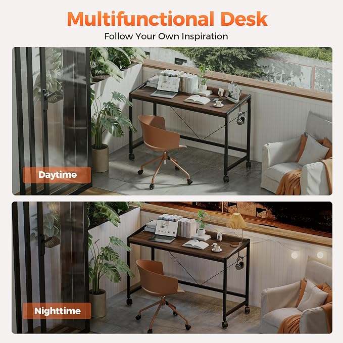 Mericonia 40 inch Rolling Computer Desk with Wheels, Gaming Desk for Small Spaces, Modern Simple Style Table for Home Office, Study Writing Table