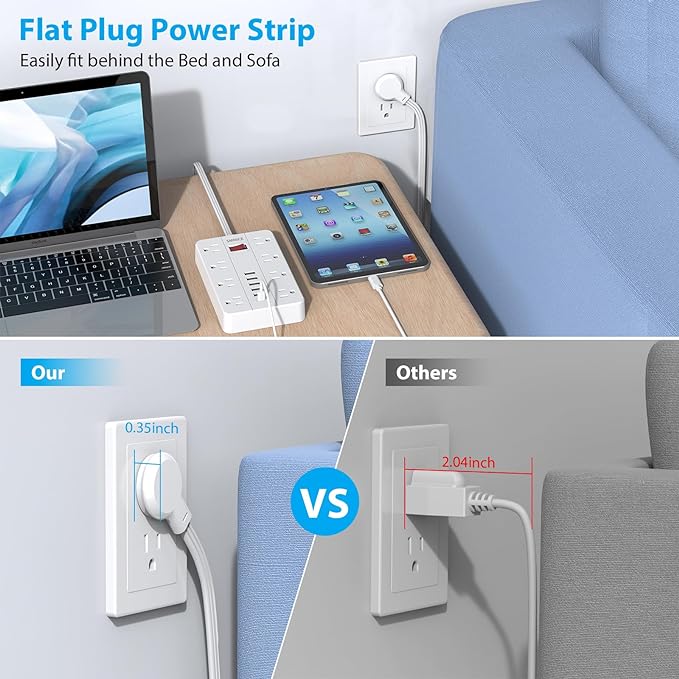 SMNICE Power Strip with USB, Power Strip Flat Plug with 8 Widely Spaced Outlets and 6 USB Ports(1 USB C), 5ft Extension Cord Wall Mountable Phone Tablet Laptop Computer Multiple Devices