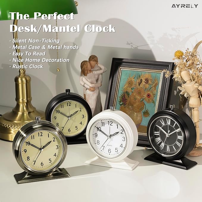 AYRELY® 5.5" Vintage Metal Alarm Clock, Desk and Table Clock for Shelf | Battery Operated Silent Analog Clock with Light for Living Room,Mantel, Bedside and Home Decor (Gold)