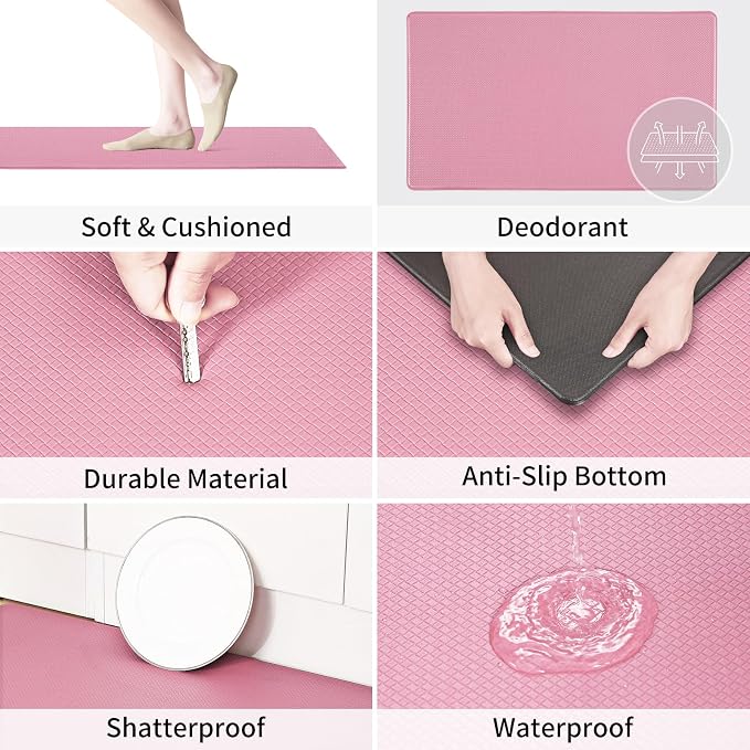 Kitchen Mats and Rugs Set of 2 - Cushioned Anti-Fatigue Kitchen Rug for Floor Washable 17"x29" +17"x59", PinkRed