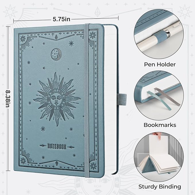 EMSHOI A5 College Ruled Notebook, 320 Numbered Pages 100GSM Ink-Proof Faux Leather Hardcover Lay-Flat Lined Journal for Work Office School Writing, SUN Design, Small 5.75" x 8.38", GrayBlue