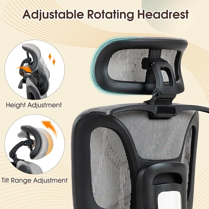 ECOTOUGE Grey Ergonomic High Back Mesh Office Chair | Lumbar Support, Adjustable Headrest, 3D Armrests, Reclining, Home/Office/Gaming, 330LBS