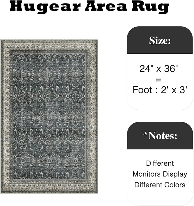 HUGEAR 2x3 Entryway Area Rug Vintage Black Small Rug Machine Washable Door Mat Retro Floral Low Pile Carpet Vacuumable Distressed Throw Rug Entrance Kitchen Bathroom Bedroom Non Slip Lightweight
