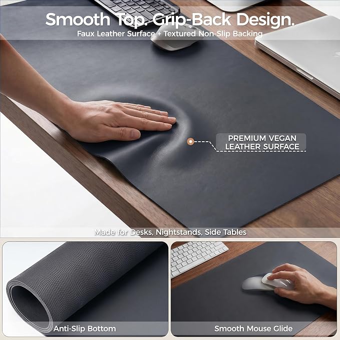 1.6mm Thick Leather 14x72 Inch Non-Slip Mat, Waterproof Countertop Protector, Long Dresser Scarf/Buffet Table Protector, Obsidian Black