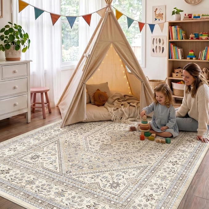 7x10 Washable Vintage Area Rug: Oriental Rugs for Living Room Non Slip Stain Resistant Large Indoor Carpet with Rubber Backing for Bedroom Soft Low Pile Floor Mat for Dining Room Home Office Decor