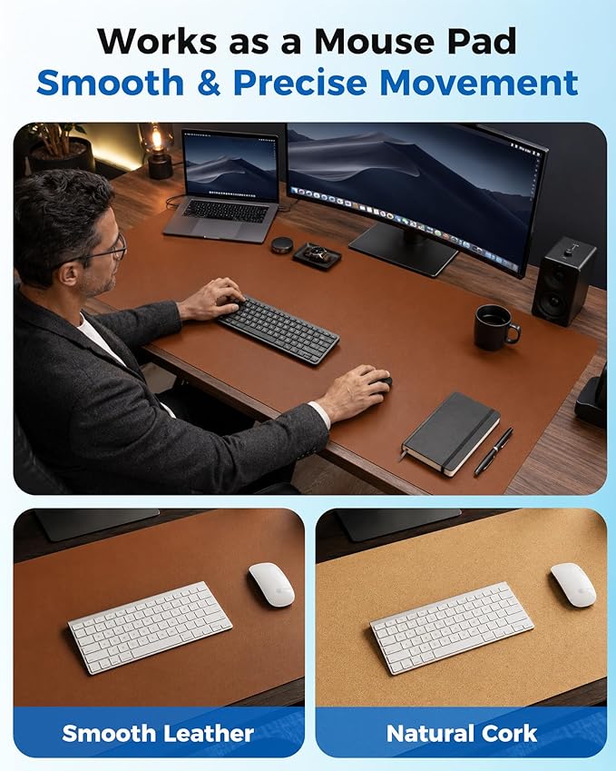 Aothia Double-Sided Desk Pad, Leather Desk Mat, Eco Cork Desk Pad Protector, Large Mouse Pad, Waterproof Desk Blotter Protector for Office/Home (25.6"x13.7", Brown)