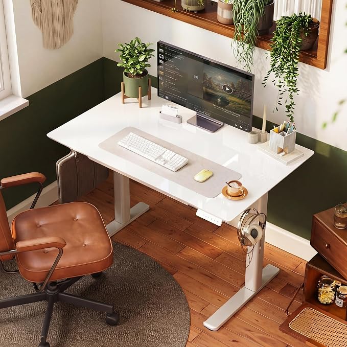 INNOVAR 35 x 20 Inch Super White Glass Standing Desk with Drawers | Tempered Glass Top, Ergonomic, Adjustable Height, Stand Up Desk, Home Office, 4 Memory Presets