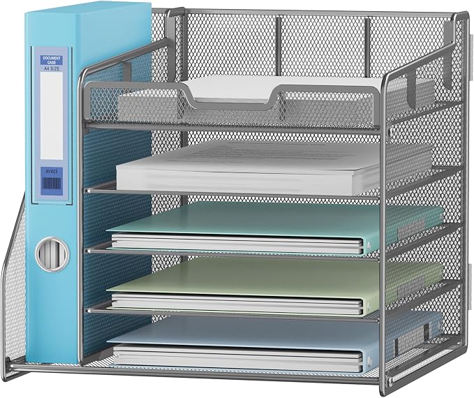 Lavatino 5-Tier Metal Mesh Desk Organizer with File Holder & 7 Customizable Compartments | Paper Letter Tray for Office or Home Desk Storage | Keep Workspace Supplies Neat & Organized, Silver