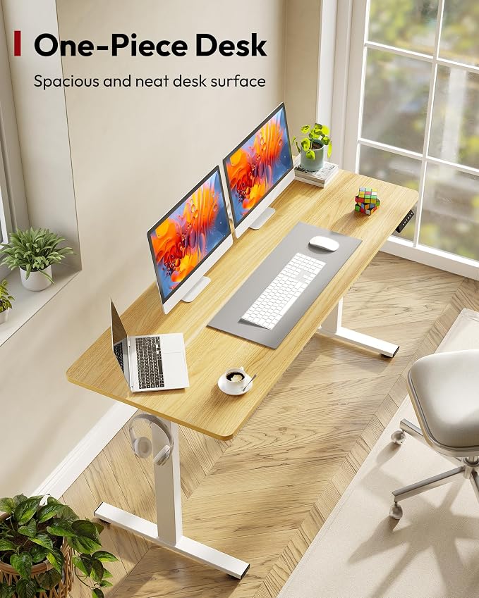SANODESK One-Piece Electric Standing Desk, Seamless 60 x 24'' Ergonomic Height Adjustable Sit Stand Desk with Memory Presets for Home Office Computer Workstation, White Frame/Natural Top