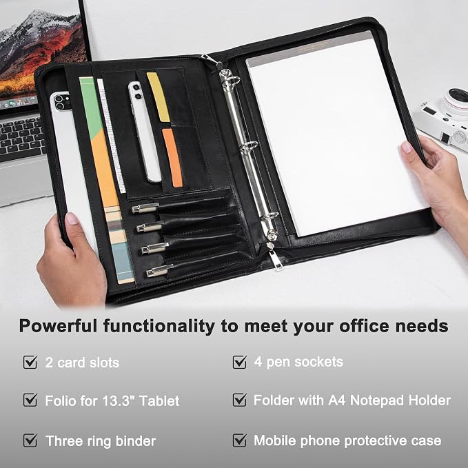AZXCG Leather Padfolio for Men,Zippered Padfolio with 3 Ring Binder,Business Portfolio Organizer with A4 Writing Pad Holder, Portfolio Binder for Meeting,Gift for Father's Day