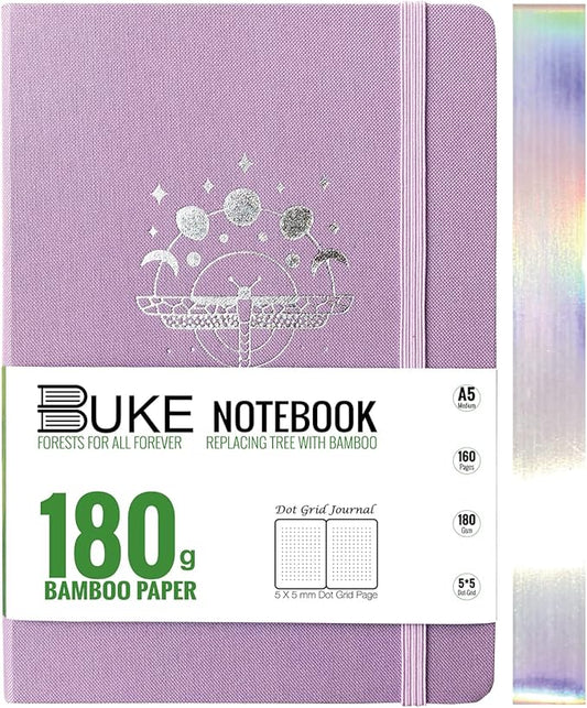BUKE Dot Grid Notebook Dotted Journal,180Gsm Bamboo White Paper, 5 * 5MM Dots 160 Pages, Lay Flat Binding,Colored Silver Edges, Bookmarks and Expandable Back Pocket