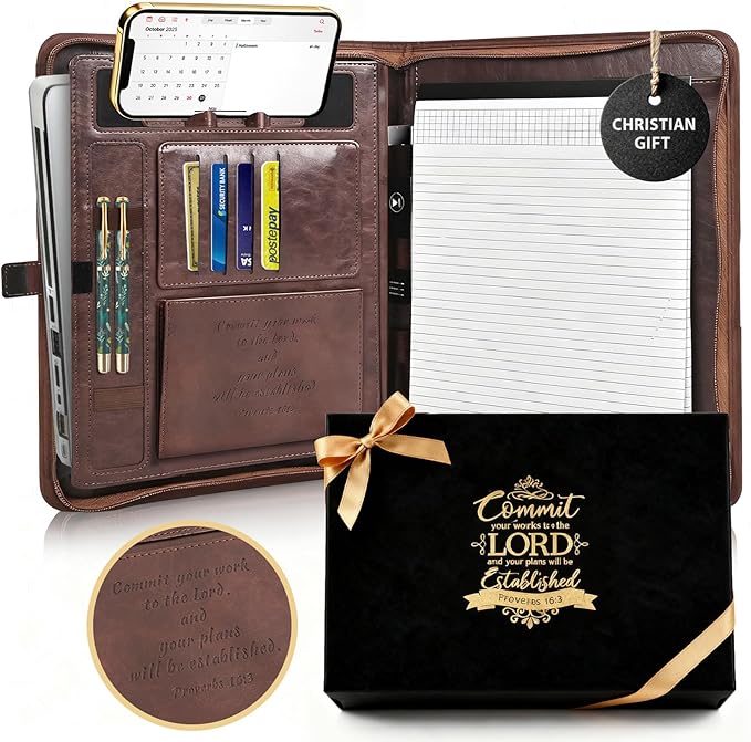 Leather Portfolio for Men and Women – Business Binder Portfolio, Professional Organizer for Men and Women, Christian Gifts, Laptop & iPad Case, Bible Notepad Holder (Brown) | Christian Leather Portfolio for Men