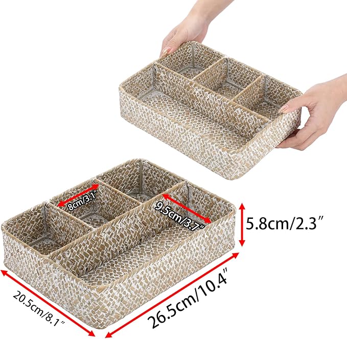 BTSKY Desk Drawer Organizer Tray, Coffee Station Organizer Tea Bag Organizer, Woven Seagrass Storage Basket with 4 Divided Sections Handwoven Wicker Basket for Shelves, Pantry, Coffee Bar (White)