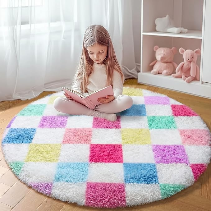 KICMOR Pink Rainbow Round Rugs 5ft for Bedroom Living Room, Cute Fluffy Soft Circle Area Rug Fuzzy Shag Shaggy Carpet, Circular Checkered Rug for Kids Girls Boys Dorm Nursery Home Decor Aesthetic