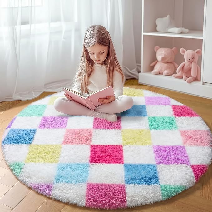 KICMOR Pink Rainbow Round Rug for Bedroom Girls, Cute Fluffy Soft 4ft Circle Area Rug Small Fuzzy Shag Shaggy Living Room Carpet, Circular Checkered Rug for Kids Room Home Decor Aesthetic, Nursery