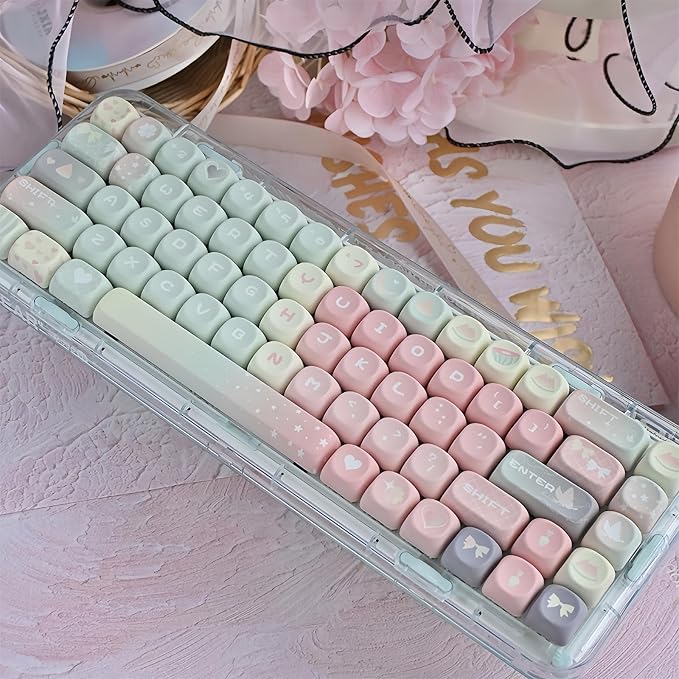 Cute MOA Keycaps,Gradient Pink Kawaii Round Keycaps Custom 133 Keys Keycap Set Thick PBT Keycap for Cherry MX Switch 75% 60% Mechanical Gaming Keyboard Creamy Watermelon Key Cap