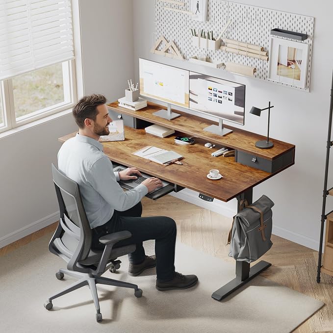 Klicelor 63 x 24 Inch Electric Standing Desk with Drawers and Keyboardtray, Adjustable Height Small Sit Stand Desk for Home Office, Compact Computer Workstation with Storage- Rustic Brown