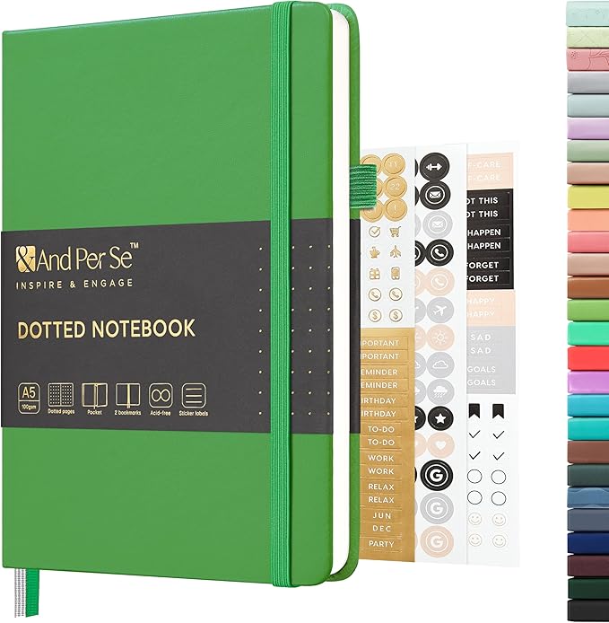 &And Per Se Dotted Journal Notebook, A5 Hardcover Leather Dotted Journal, 160 Pages 100gsm Thick Dot Grid Paper, 3 Sheets of Stickers Included - 5.7'' x 8'' (Emerald)