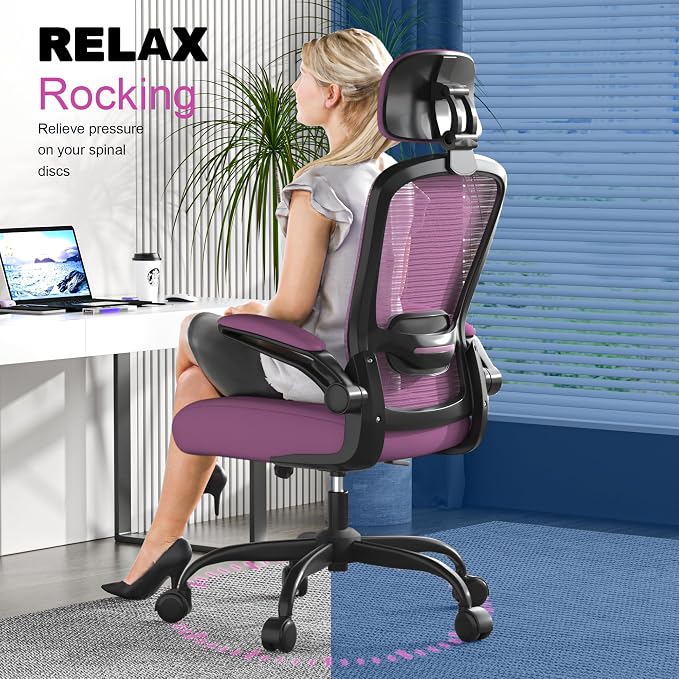 Mimoglad Office Chair, High Back Ergonomic Desk Chair with Adjustable Lumbar Support and Headrest, with flip-up Armrests for Guitar Playing, 5 Years Warranty (Modern, Orchid(Black Frame))