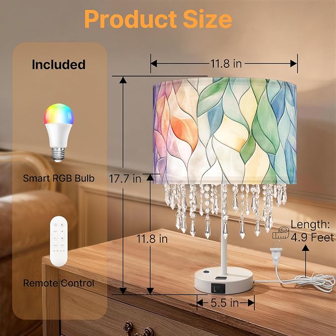 Smart Table Lamp with Colorful Leaf Fabric Shade & Acrylic Droplets, E26 LED Bulb Included, Bedside Desk Lamp with USB C & AC Outlet, App & Voice Control, Compatible with Alexa & Google Assistant