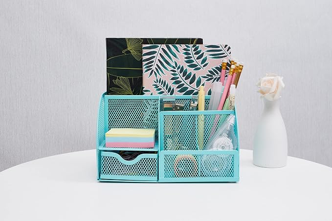 Annova Mesh Desk Organizer Office with 7 Compartments + Drawer/Desk Tidy Candy/Pen Holder/Multifunctional Organizer (Turquoise)