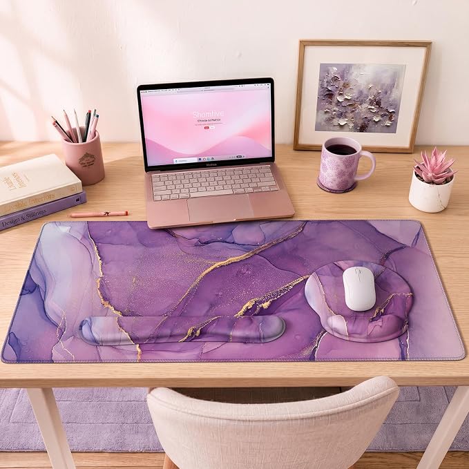 iCasso Purple Ergonomic Large Mouse Pad with Wrist Support, 4in1 XXL Desk Mat Set- Keyboard Wrist Rest + Mouse Wrist Rest + Coaster, Marble Style Desk Pad Mousepad