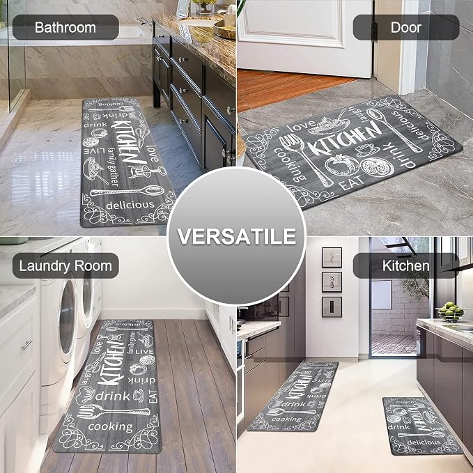 HEBE Kitchen Rugs Set of 2, Cushioned Anti Fatigue Kitchen Mats for Floor, Non Slip Waterproof Comfort Standing Desk Mat Carpet for Sink, Stove, Laundry Room, Gray