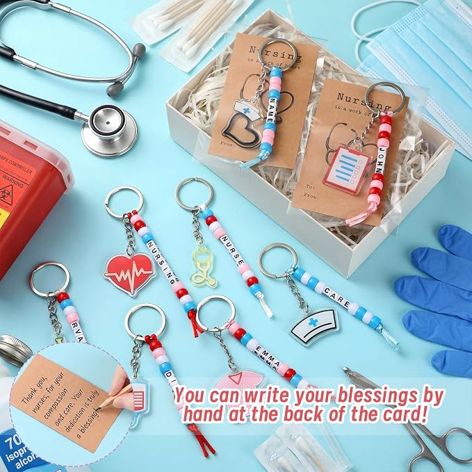 Suncalla 996 Pcs 24 Set Nurse Keychain Making Kit Medical DIY Key Chain Crafts Women Nurse Week Appreciation Gift Adjustable Letter Beads Cards String Kit Accessories Thank You Nurses Day Party Favors