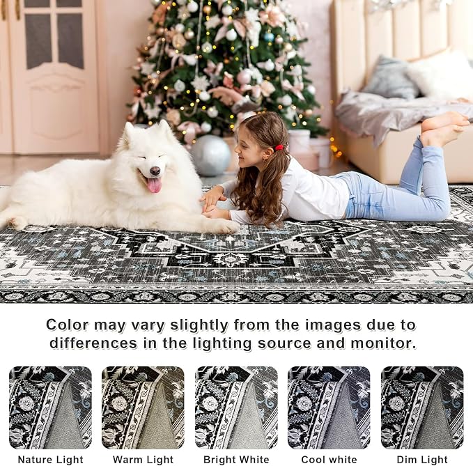 Macgace 3x5 Black Grey Area Rug for Living Room, Machine Washable Rugs with Non-Slip Backing for Bedroom, Vintage Medallion Carpet Kitchen Laundry Kids Room Decor
