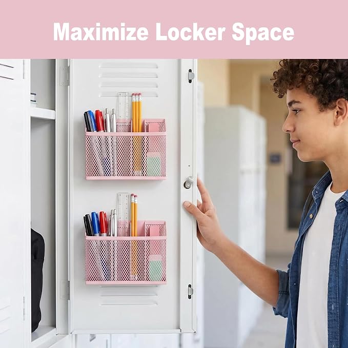 Neudeco Magnetic Pen Holder-Strong Magnet Mesh Storage Basket for Refrigerator, Kitchen, Locker-Magnetic Marker Holder on whiteboard for Dry Erase Markers for school, office, Pack 2 (Pink)
