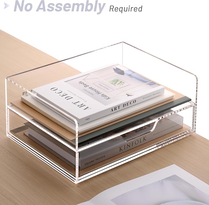 SANRUI 2-Tier Paper Letter Tray Organizer with Sliding Drawer,Stackable Desk Organizer,Acrylic Paper Tray for Office,Home or School,Clear
