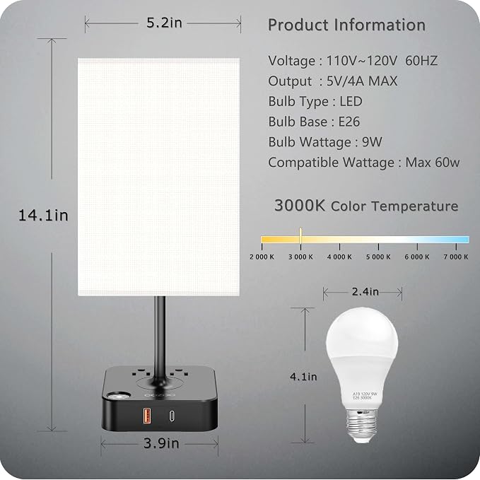 Table Lamp Dimmable cozoo USB Bedside Table Desk Lamp with 2 USB Charging Port(A+C) 2 Outlet,Nightstand Lamp with Charger Base White Fabric Shade,LED Touch Lamp for Bedroom/LivingRoom/Dorm/Home Office