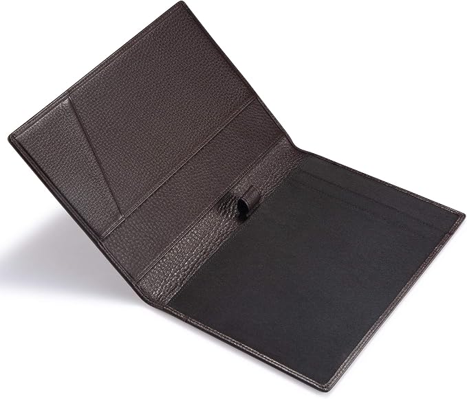 HISCOW Slim Leather Junior Padfolio, 5x8 Notepad Cover, Pebbled Coffee | Full-grain tumbled cowhide, top-loading legal pad holder, rigid pen loop, quick-access card slot, zipperless boardroom design