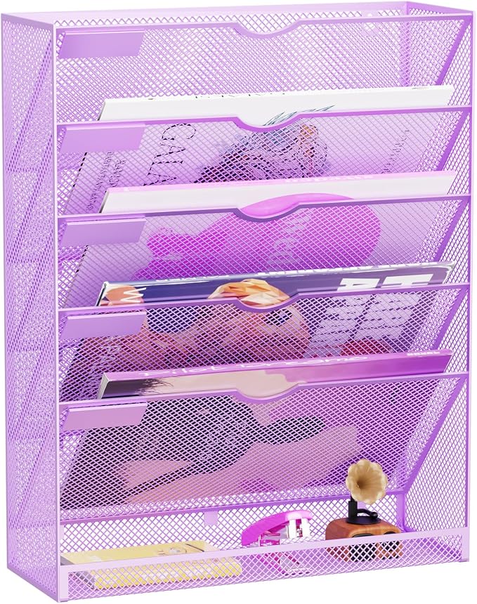 Hanging Wall File Organizer 6 Tier Wall Mounted Mail Paper Folder Holder Document Organization Stand, Vertical Desk Magazine Rack for Office Home Cubicle Countertop, Light Purple
