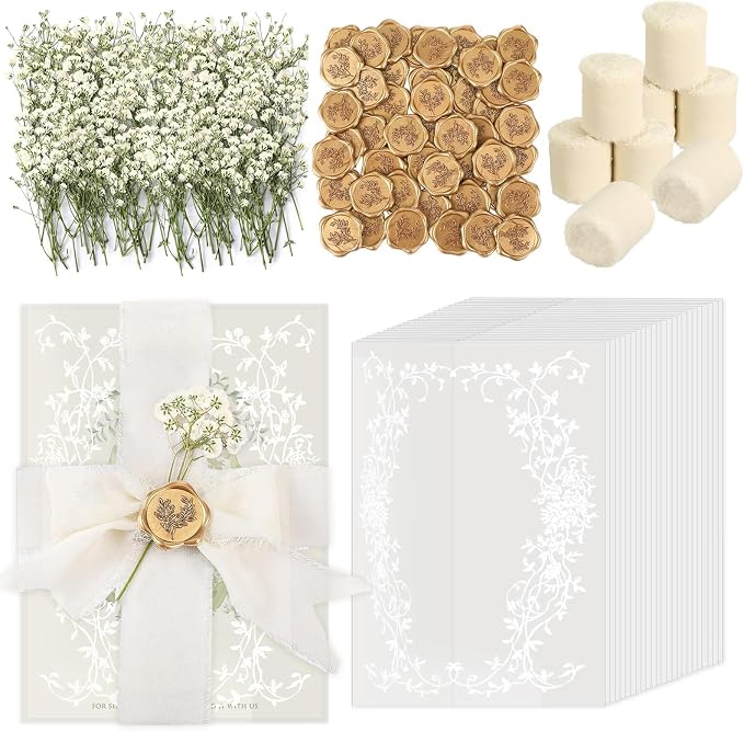 Wedding Invitation Accessories Kit, Pre-Folded Vellum Jackets for 5×7 Invitations with Wax Seal Stickers, Ribbon & Dried Flowers, Elegant Wedding Invitation Accessories for DIY Bridal Invites (White Vines, 50)
