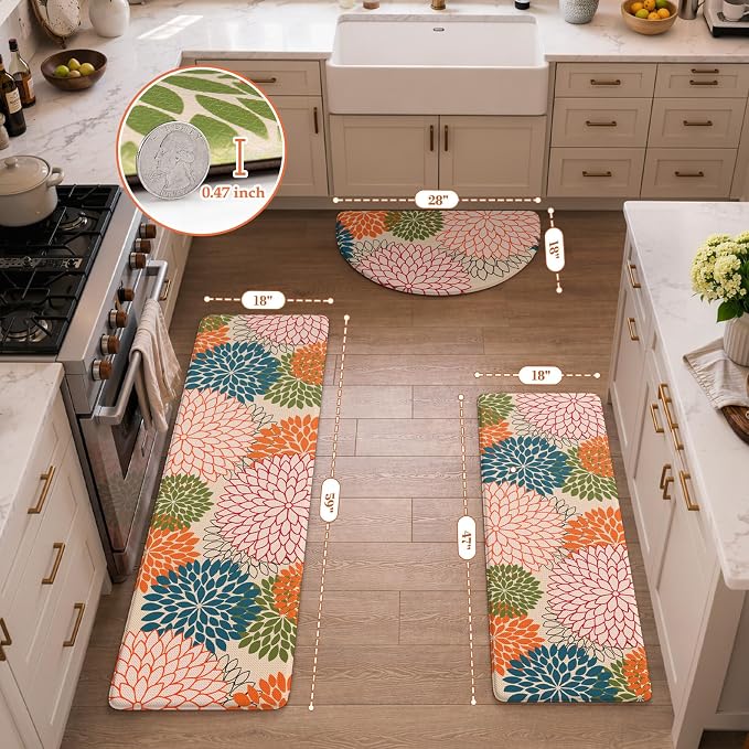 KIMODE Half Circle Anti Fatigue Mats for Kitchen Floor Rug Sets of 3 | 18"x28+18"x47"+18"x59",Orange,Dahlia Floral Boho,Half Round,3PCS,Non Slip,Waterproof,for Sink Office Laundry Bathroom Decor
