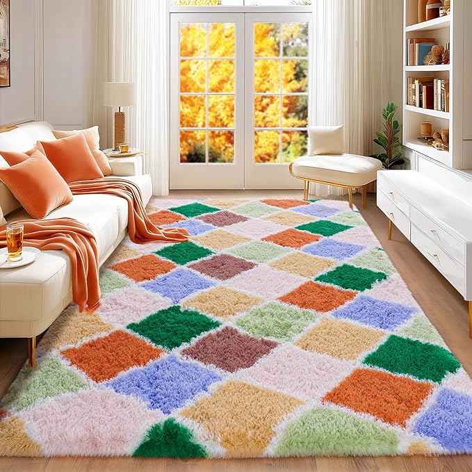 Checkered Rug for Bedroom 5x7, Ultra Fluffy Fuzzy Shag Area Rugs for Living Room, Anti-Skid Indoor High Pile Soft Rug Carpet for Living Room Bedroom Kids Room Nursery, Dorm Home Decor, Colorful
