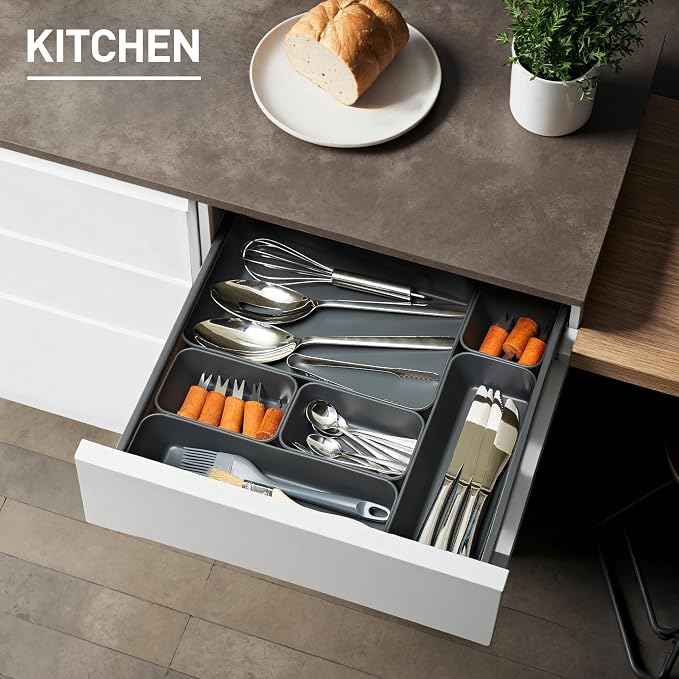 ISSEVE 8Pcs Silicone Drawer Organizer Trays for Bathroom, 4 Sizes, Black | For Vanity, Desk, Nightstand, Makeup, Jewelry, Toiletries, and Office Small Items, Nesting Organizer Trays, Drawer Organizer
